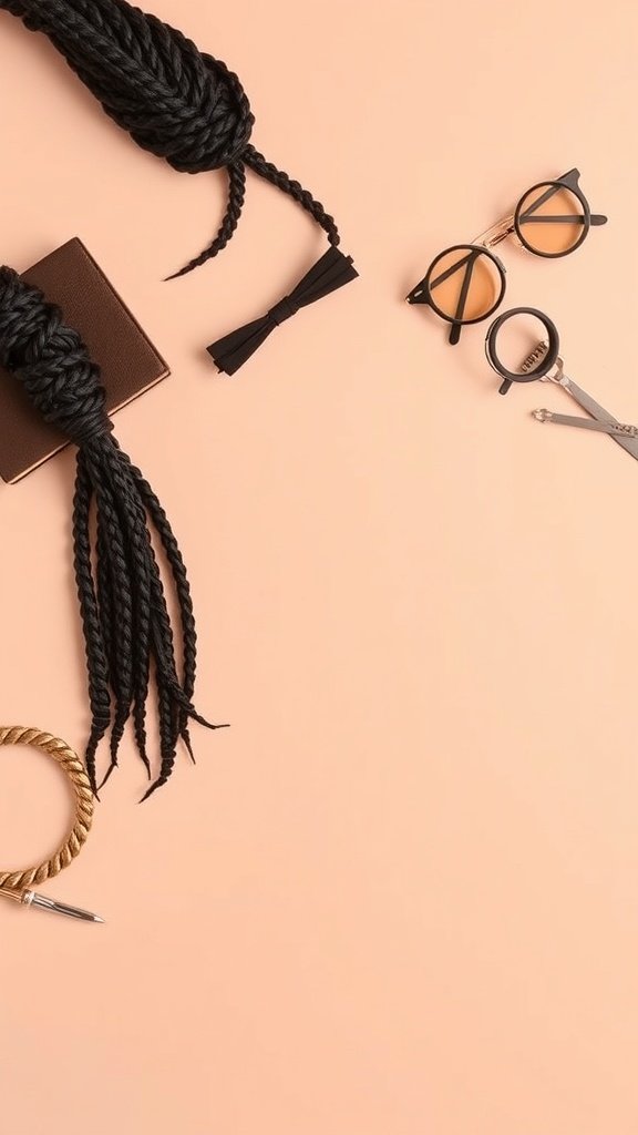 Image showing various accessories for braids including braided strands, glasses, and hair ties on a peach background.