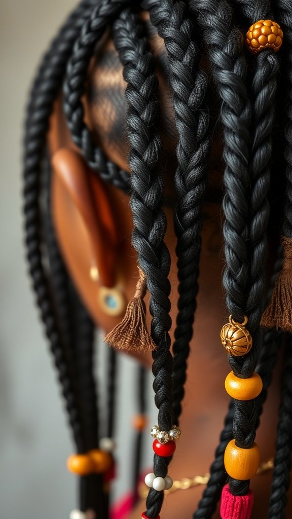 Close-up of short knotless braids with colorful accessories