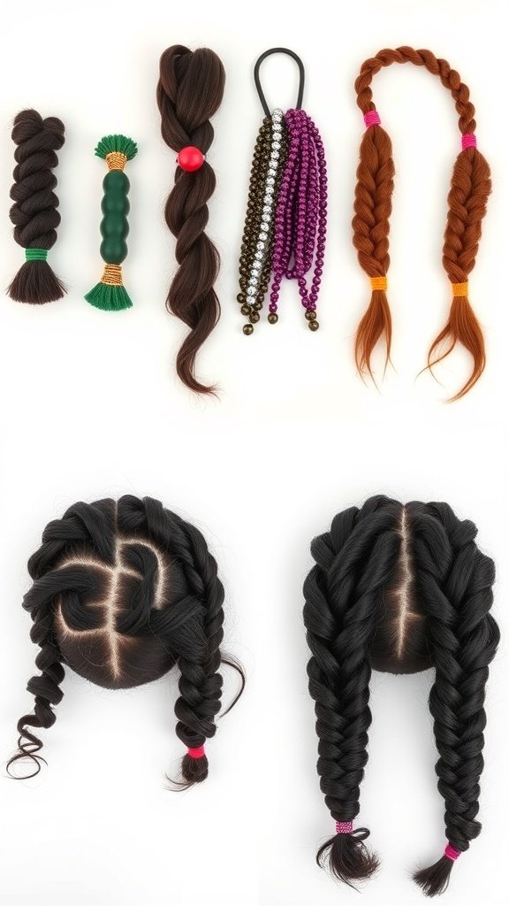 Various hair accessories for braids including beads and hair ties.