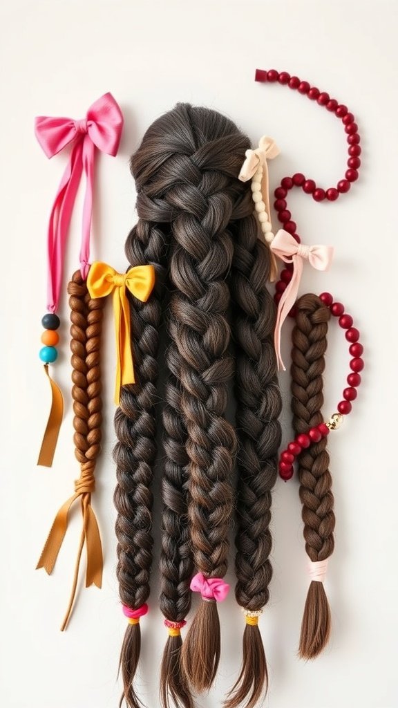 Various braided hairstyles with colorful ribbons and beads