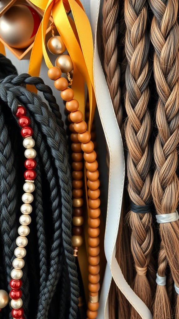 A variety of hair accessories including beads and ribbons for braids.