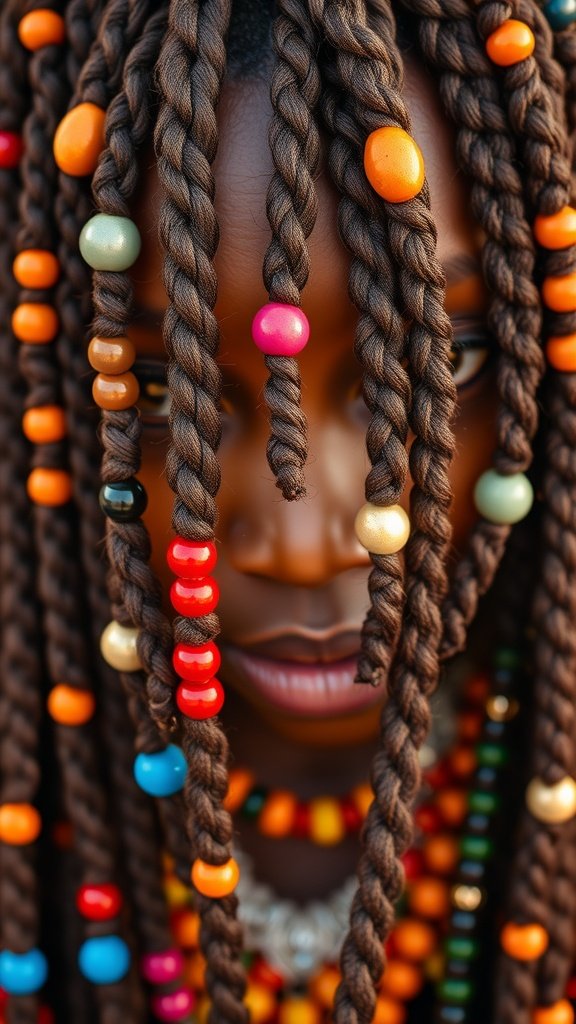A close-up of a person with colorful jumbo boho knotless braids adorned with beads.