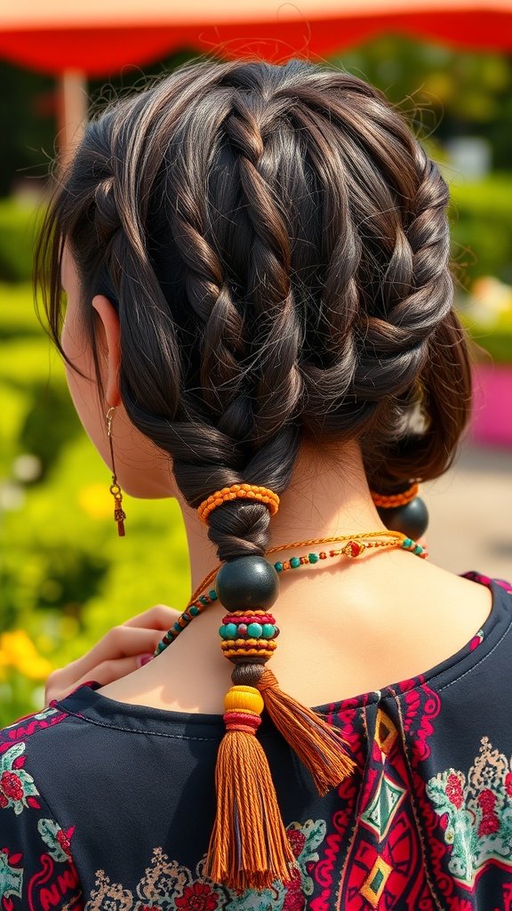 A woman with a boho knotless braid bob hairstyle, featuring colorful beads and tassels.