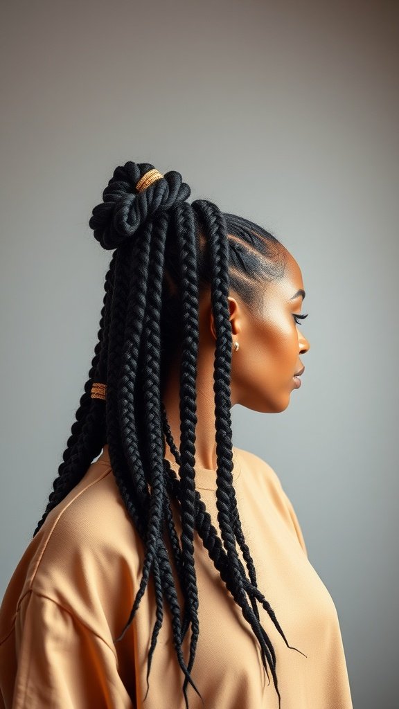 A woman with big knotless box braids styled in a top knot, showcasing a chic and trendy hairstyle.