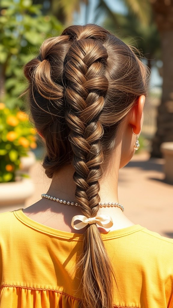 A close-up of a woman's back showing a stylish braid with a bow accessory.