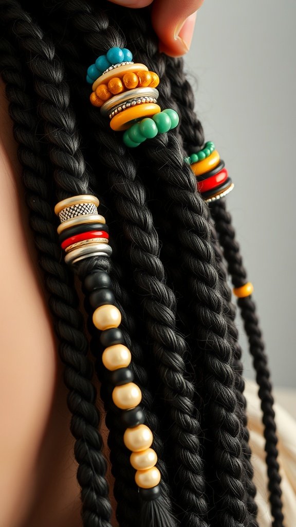 Close-up of short boho knotless braids with colorful beads