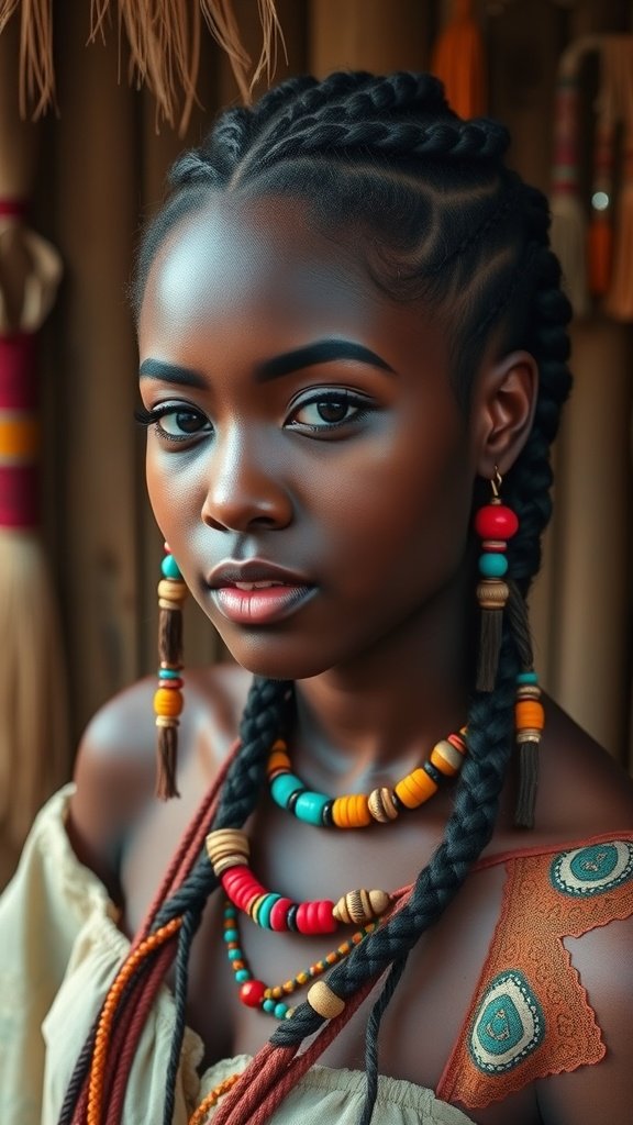 A young woman with short bohemian knotless braids, adorned with colorful beads and jewelry, showcasing a stylish and cultural look.