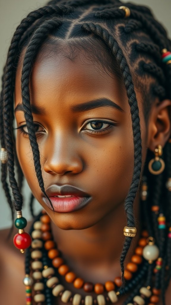 A close-up of a young woman with short bohemian knotless braids adorned with colorful beads and jewelry.