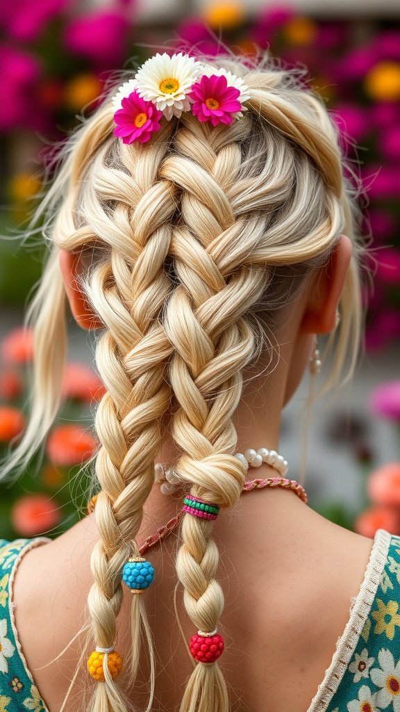 Blonde boho knotless braids with colorful beads and flowers