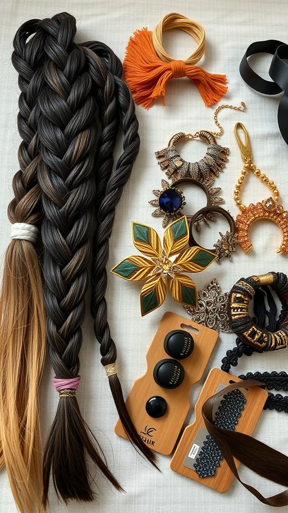 A variety of hair accessories including braids, ribbons, and decorative clips for styling knotless braids.