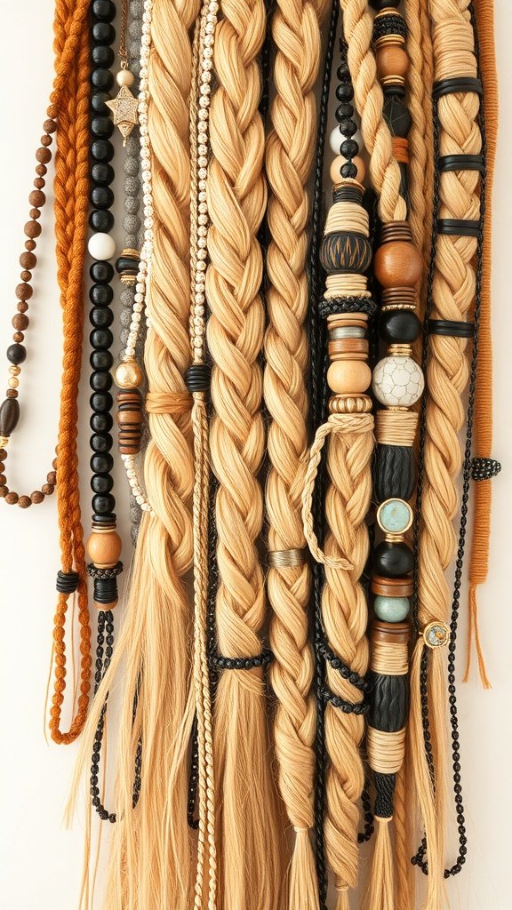 Honey blonde knotless braids with various beads and strings