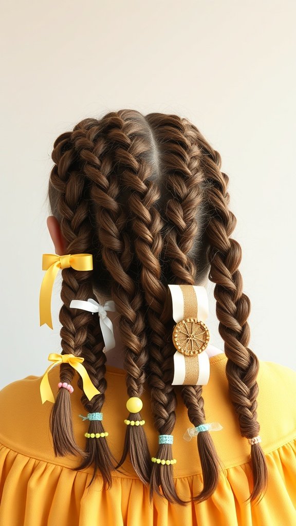A close-up of a girl's back showing lemonade braids adorned with colorful ribbons and beads.