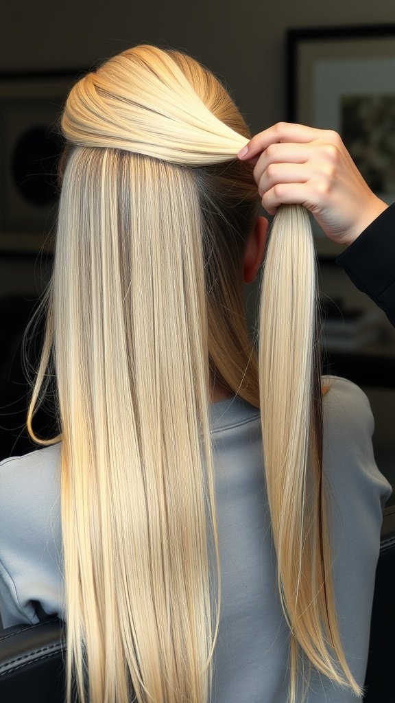 A person adding blonde hair extensions for a braided hairstyle.