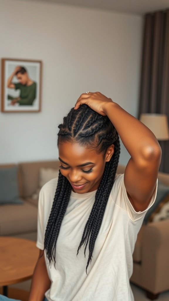 A woman with medium knotless box braids smiling while touching her hair in a cozy living room setting.