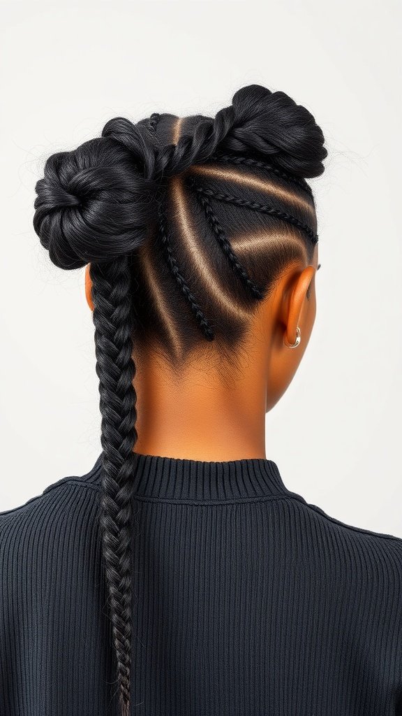 A hairstyle featuring intricate knotless braids styled into a bun and a long braid.