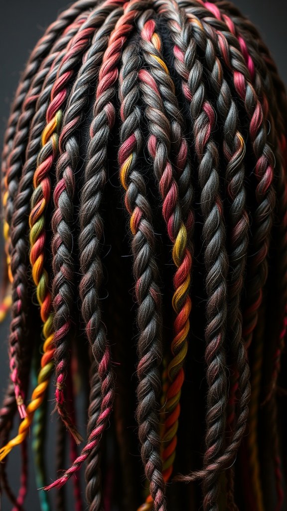 A close-up of colorful boho knotless braids, showcasing a mix of dark and vibrant hues.