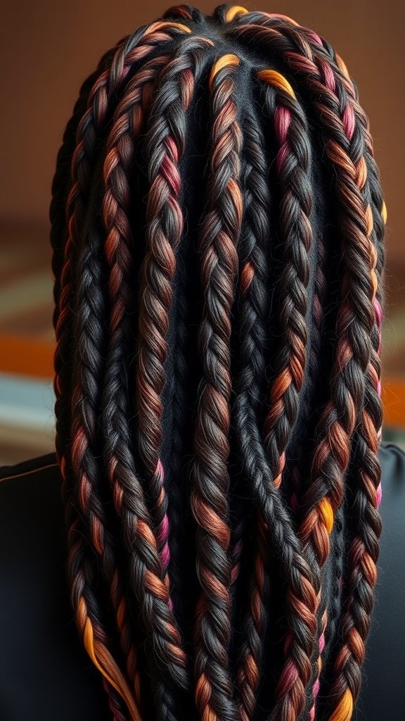 A close-up view of boho knotless braids featuring a mix of dark and vibrant colors.