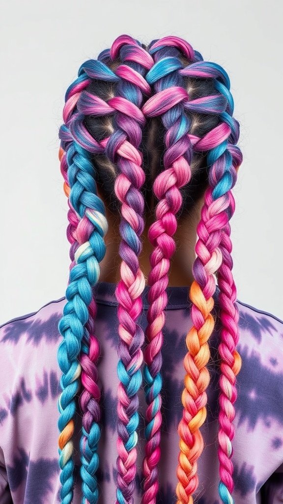Colorful mixed knotless braids with a tie-dye effect