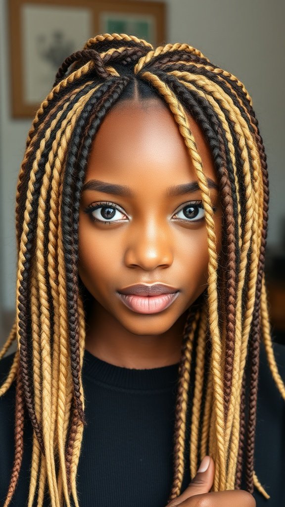 A close-up of a young woman with blonde knotless box braids, showcasing the beautiful blend of colors and intricate styling.