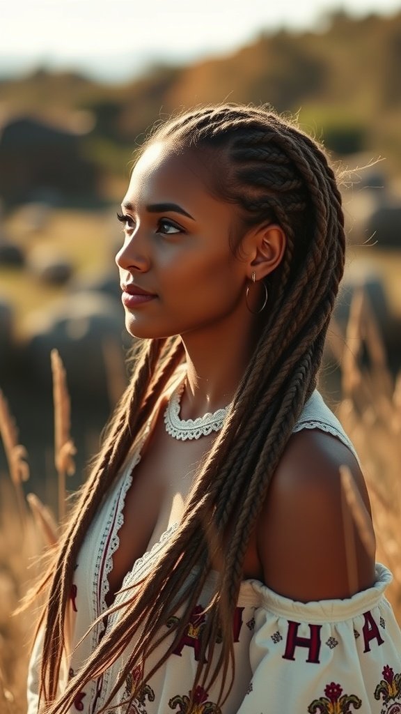 A woman with boho knotless braids standing in a field, showcasing a relaxed and stylish hairstyle.