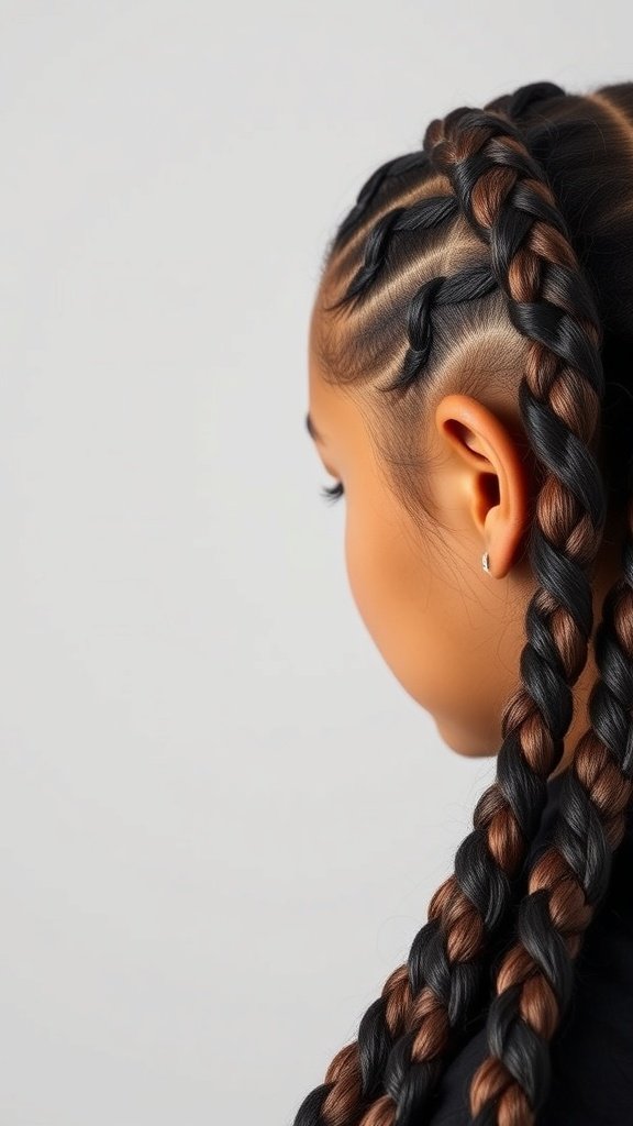 Close-up of medium knotless braids showing a stylish and sleek hairstyle.