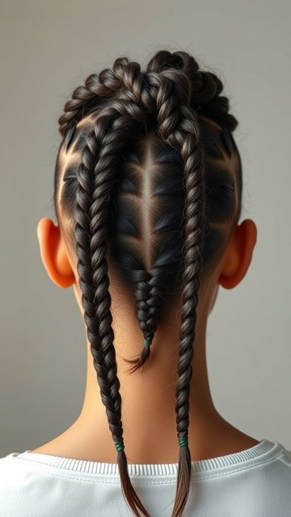 A close-up view of a person's back head featuring stylish knotless braids, showcasing a neat and intricate design.