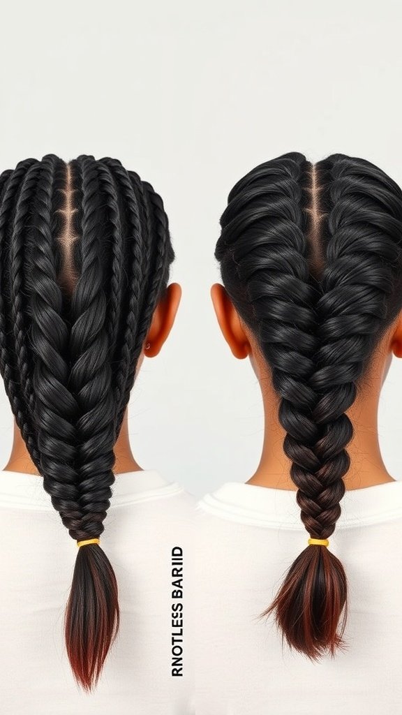 Image of two neat knotless braids styled without knots at the base.