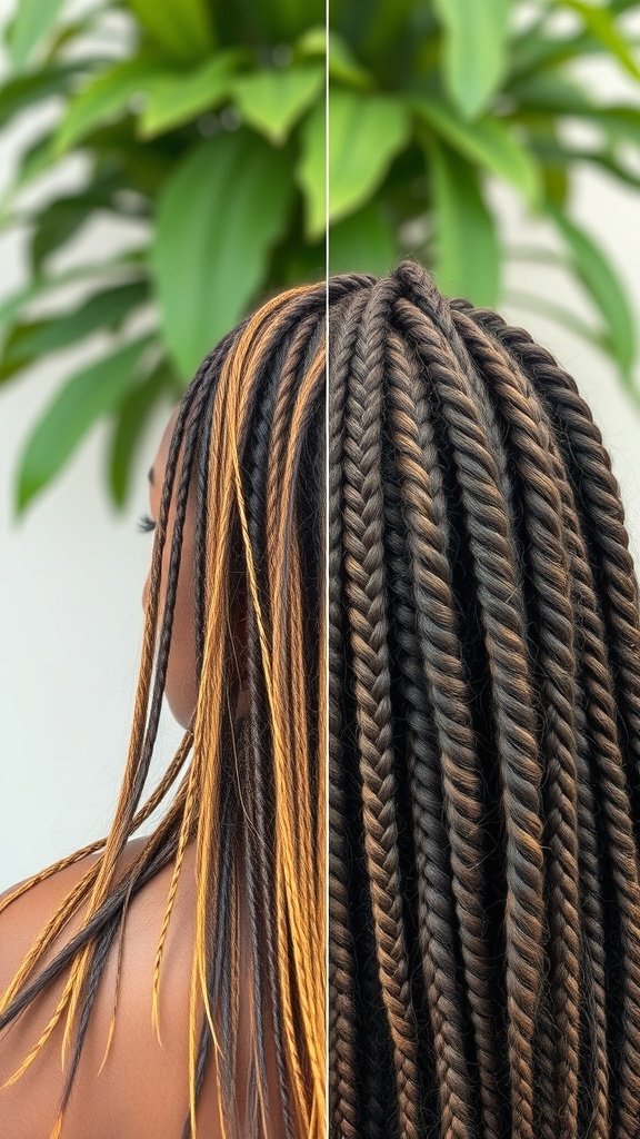 A close-up view of xs knotless braids showcasing a blend of colors, highlighting their stylish and protective features.