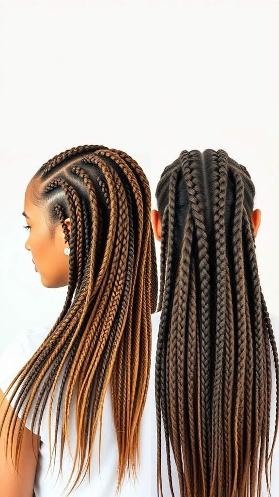 A woman showcasing honey blonde knotless braids with darker roots, highlighting the beauty and versatility of this hairstyle.