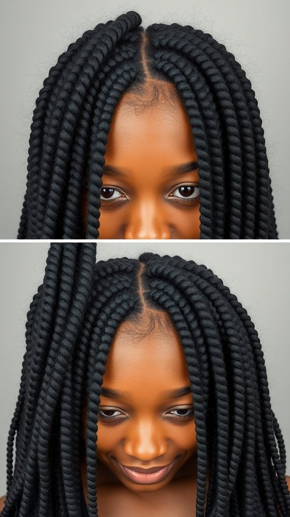 A close-up of a person with knotless braids, showcasing the neat and stylish appearance of the hairstyle.