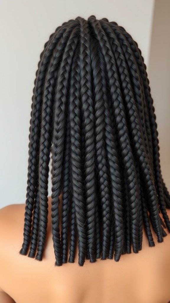 A close-up view of brown knotless braids styled beautifully.