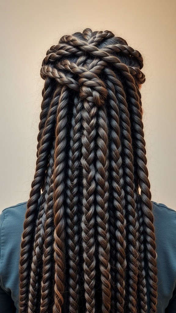 A close-up view of brown knotless braids styled elegantly.