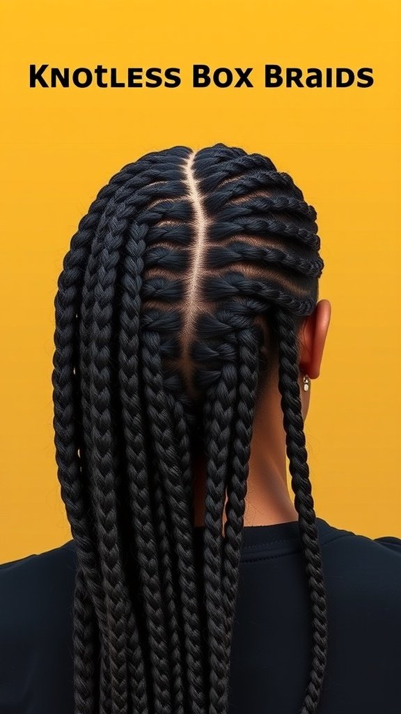 A close-up view of a woman's back showcasing knotless box braids against a vibrant yellow background.