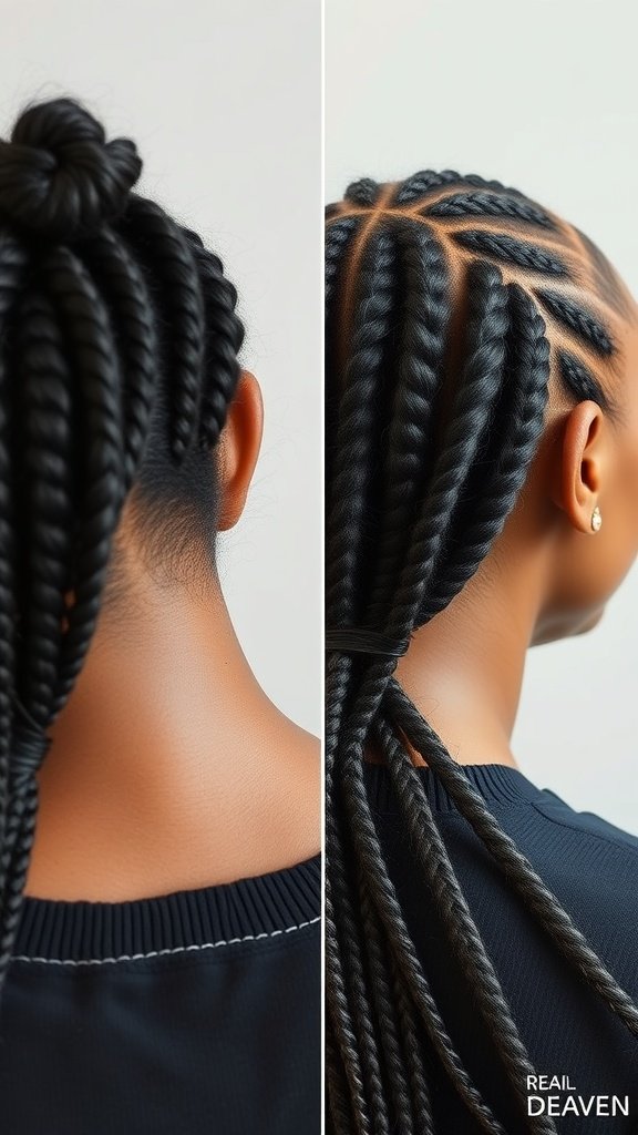 A close-up view of a person's hair styled in knotless box braids, showcasing the neat arrangement and curled ends.