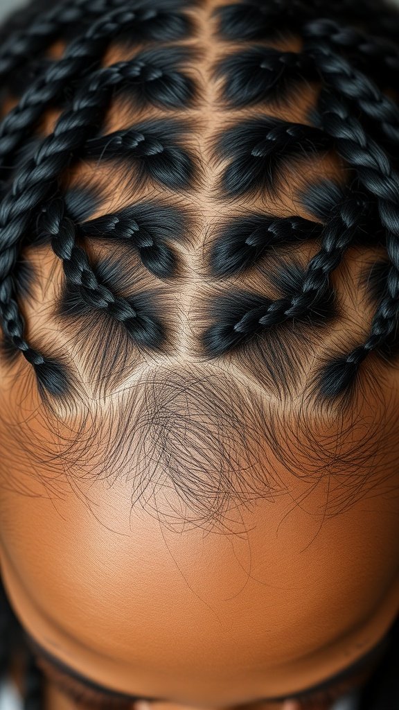 Close-up view of a scalp with neatly parted knotless box braids.