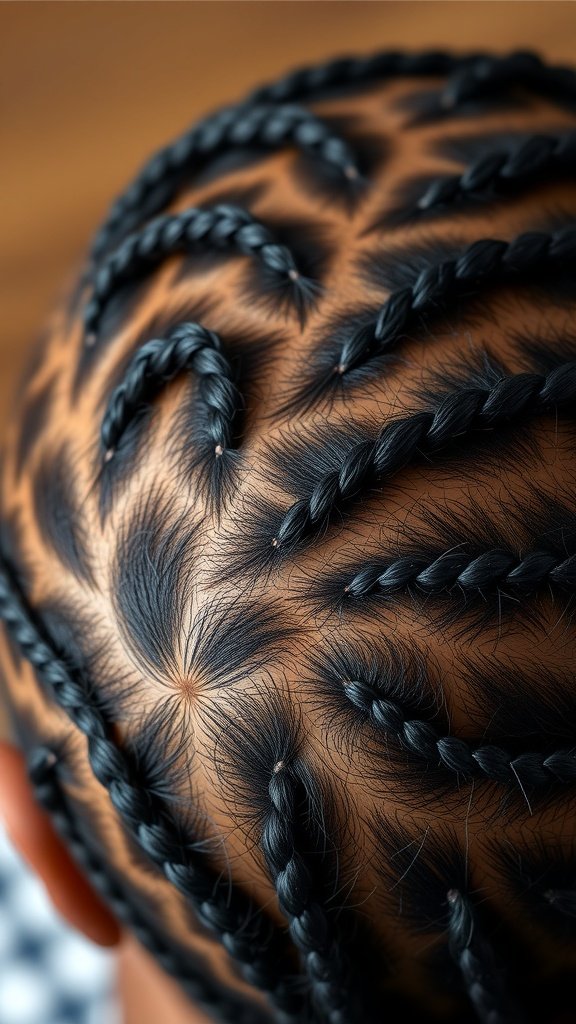 Close-up of small knotless box braids showcasing a unique parting pattern.