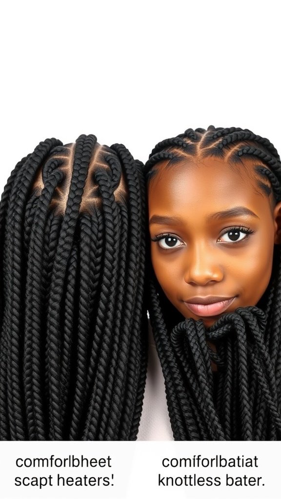 A close-up of a person with medium knotless box braids, showcasing a stylish and natural look.