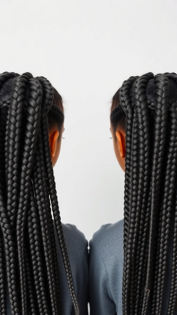 Two individuals with medium knotless box braids styled in a sleek manner.