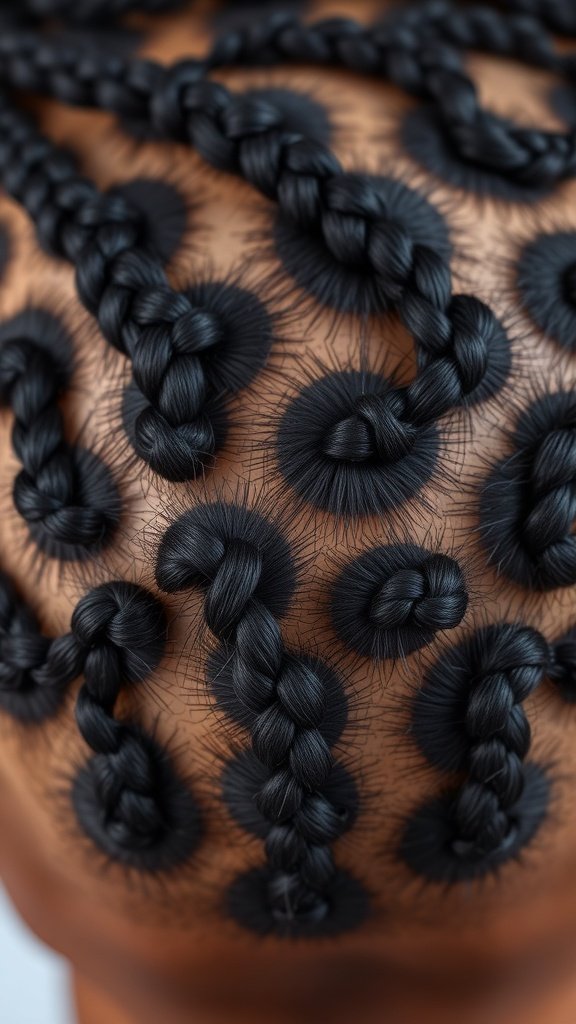 Close-up of small knotless box braids styled on a mannequin head.