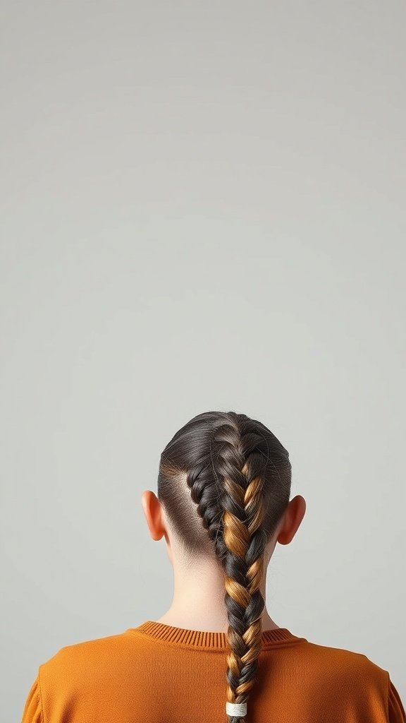 A close-up view of a person's back with xs knotless braids, showcasing a neat braid with a stylish finish.