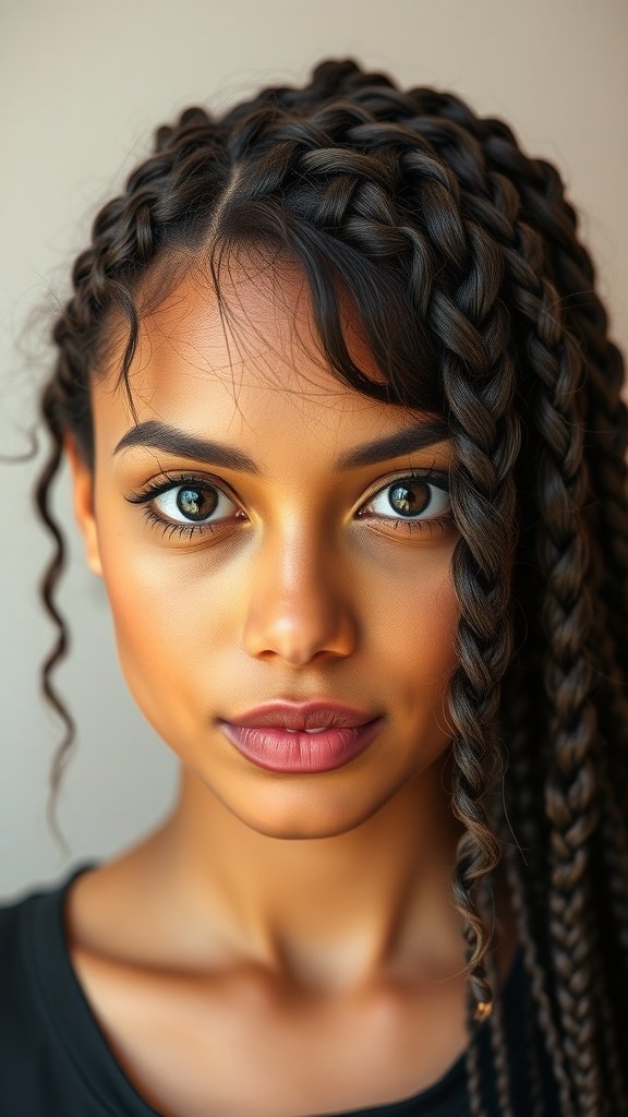 A close-up of a person with knotless braids, showcasing a stylish and modern hairstyle.