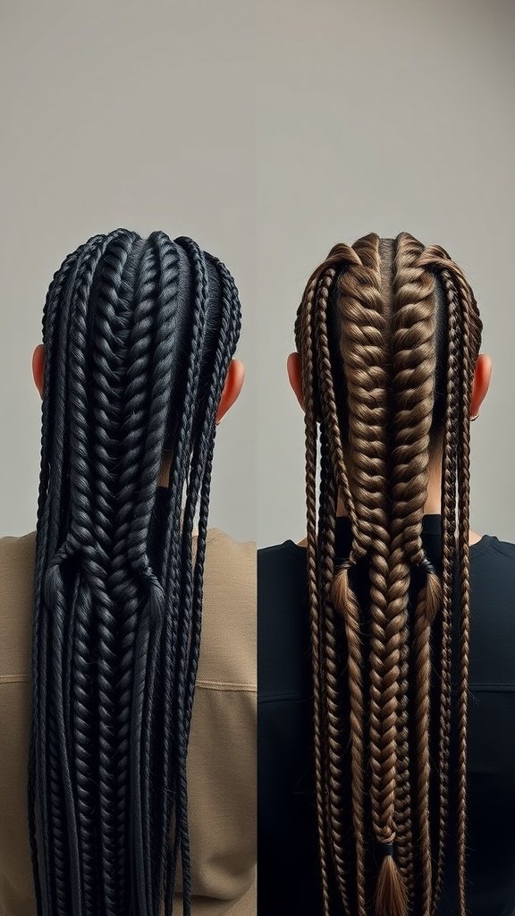 Two variations of lemonade braids, one black and one brown, showcasing knotless braiding technique.