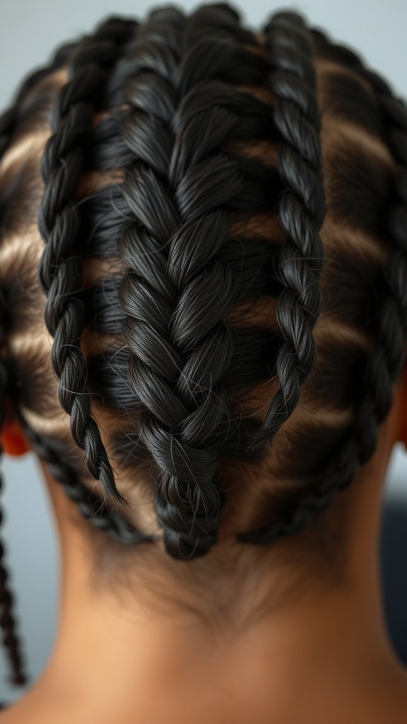 A close-up view of neatly styled knotless braids, showcasing the intricate patterns and smooth finish.