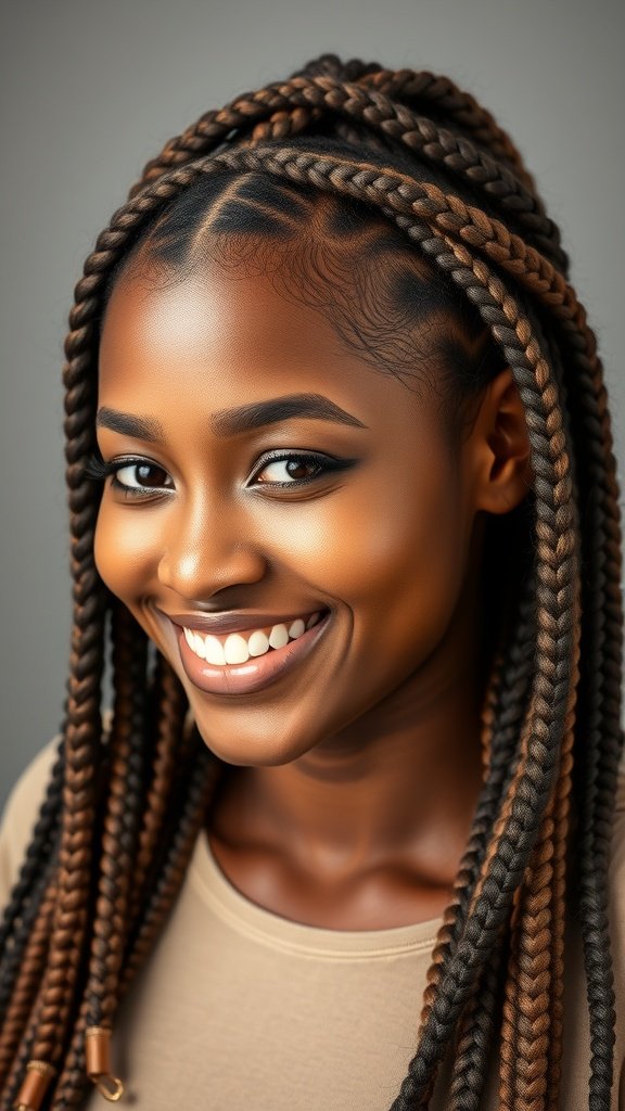 A woman smiling with Fulani knotless braids, showcasing a stylish and comfortable hairstyle.