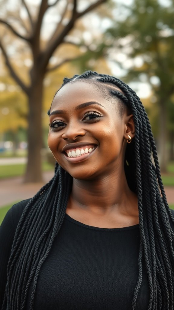 A woman smiling with long knotless braids in a park setting.