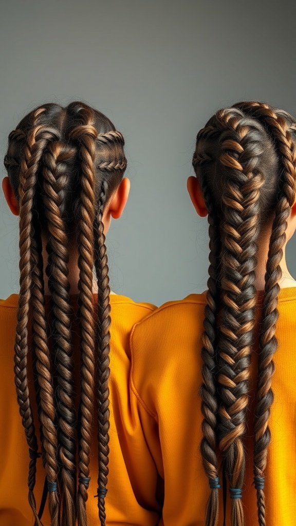 Two individuals with small knotless braids styled in a neat pattern, showcasing the beauty and versatility of this hairstyle.