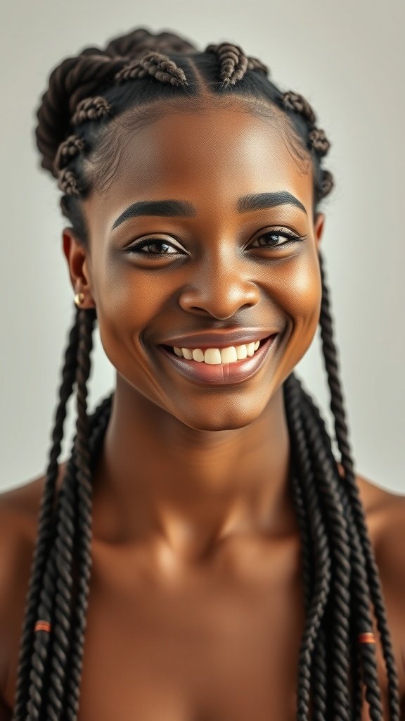 A woman with knotless braids and curly ends, smiling confidently.