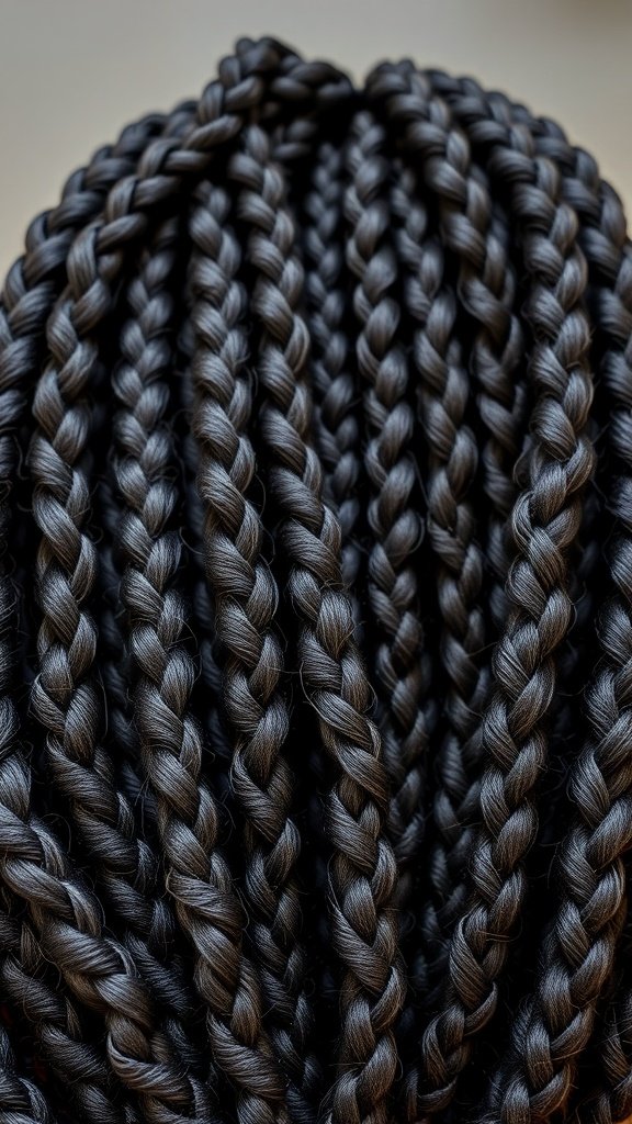 Close-up of small boho knotless braids in black.