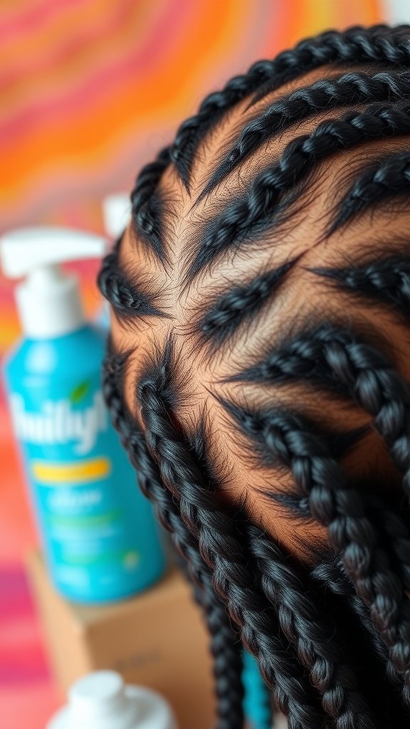 Close-up of a person's scalp with knotless twist braids, showcasing neat and stylish hair.