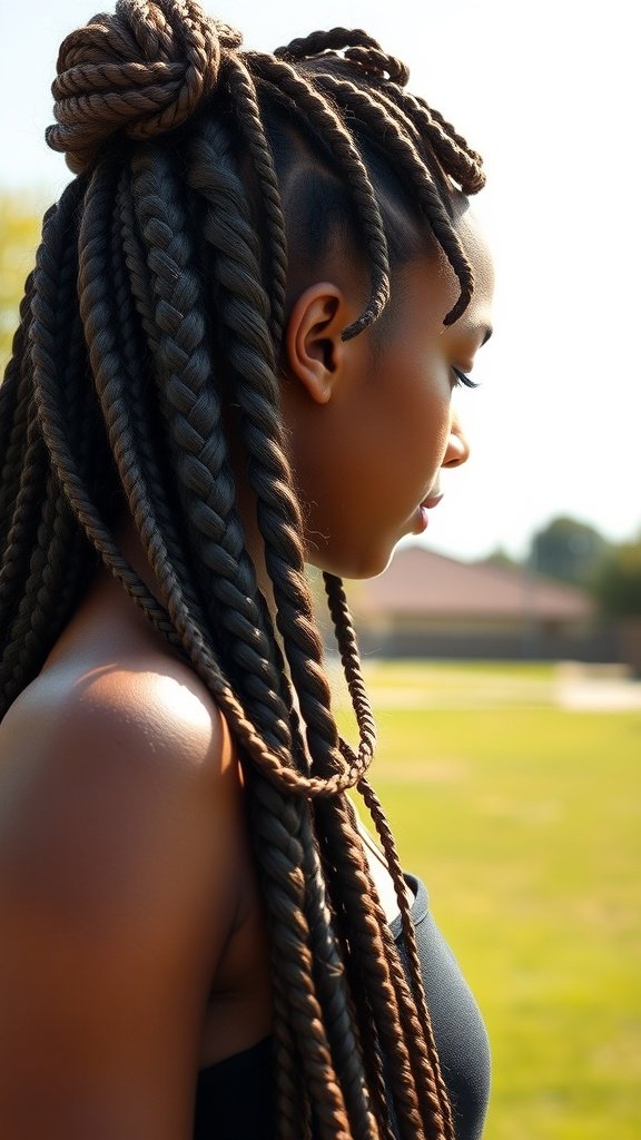 A woman with large knotless braids styled in a bun, showcasing the beauty and versatility of braided hairstyles.